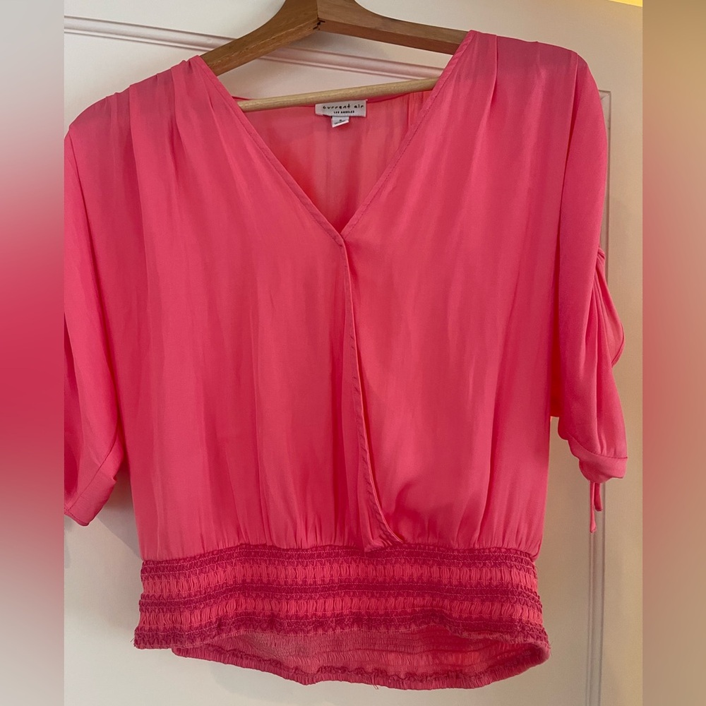 Pink summer blouse with drawstring shoulders